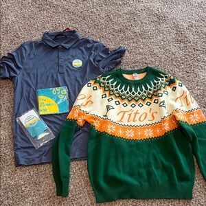 Travis Mathew top and Tito’s Green and Orange Crewneck Sweater